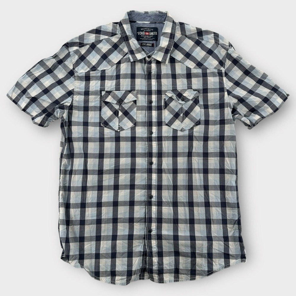 Ecko Unltd Mens 2XL Blue Plaid Button Up Short Sleeve Cotton Y2K Hip Hop Shirt